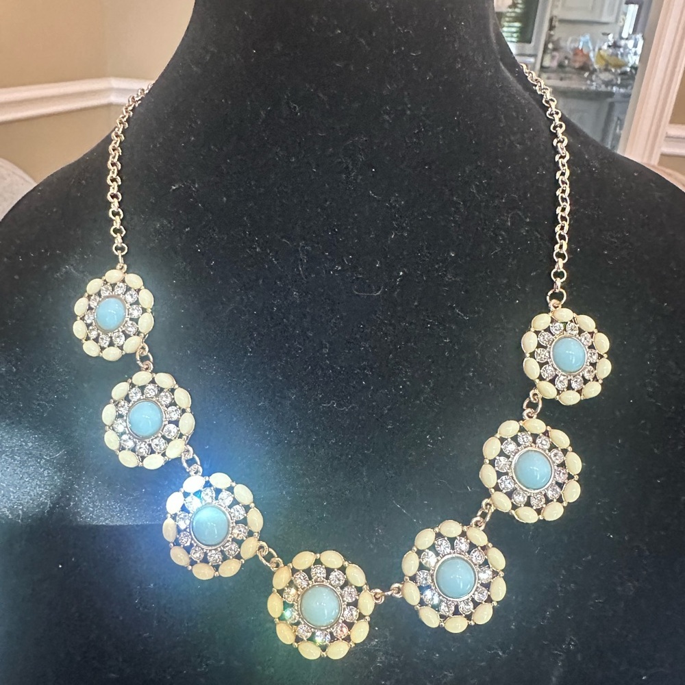 Vintage Blue Enamel Jewelry Set Necklace Ring Clip Earrings Floral Gold Tone - Picture 2 of 10
